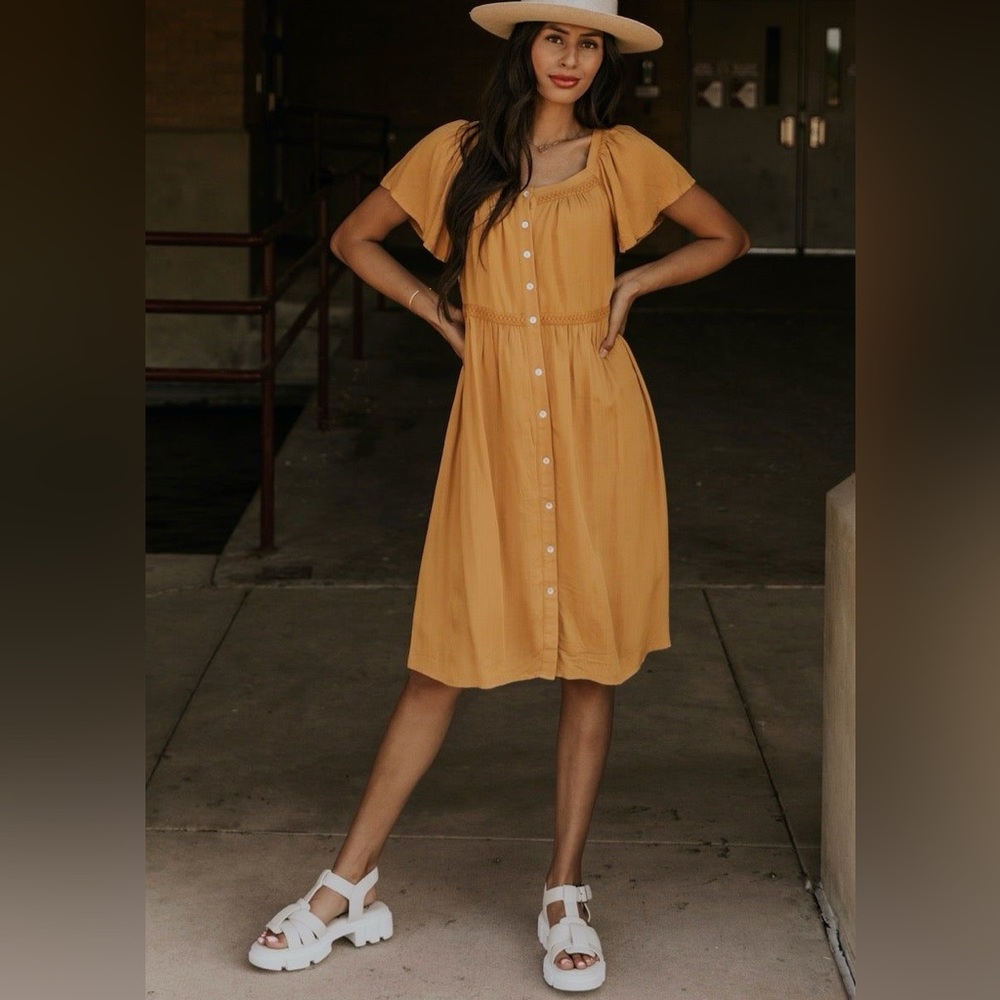 Roolee Gold Tie Front Sundress Sleeveless Midi